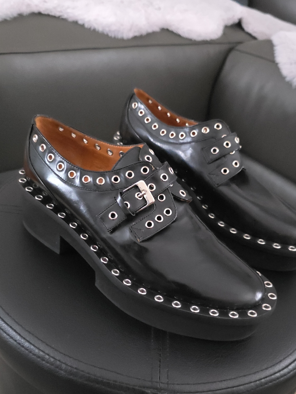 Robert Clergerie Janet Monk Strap Black Patent Platform Loafer with Eyelet Trim